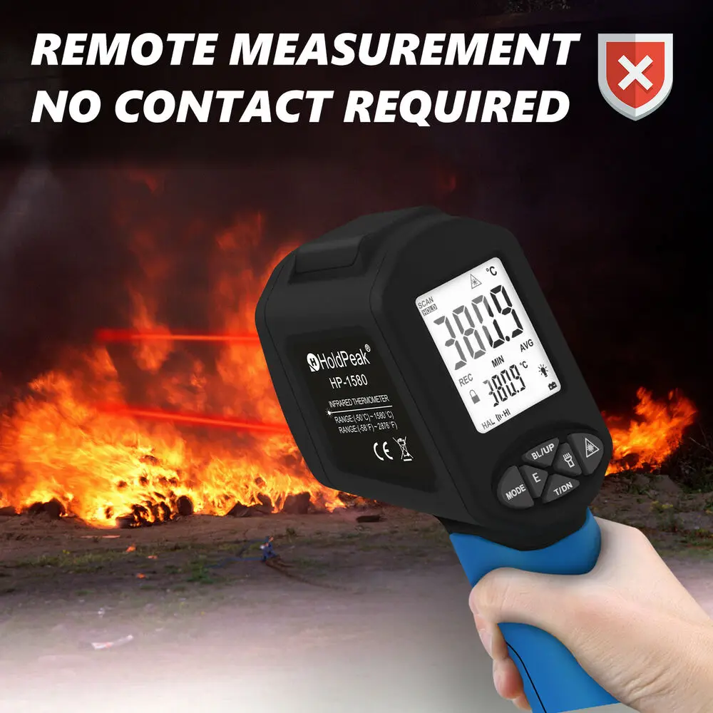 HoldPeak HP-1580 Handheld Infrared Thermometer Non-Contact Dual Laser IR Gun 30:1 DS -50°C-1580°C with LCD Display