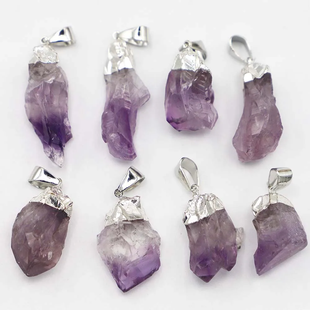 Hotsell Natural Stone Amethyst Silver Irregular Gold Pendant Fashion Reiki Charm Necklace DIY Jewelry Accessories Wholesale12Pcs