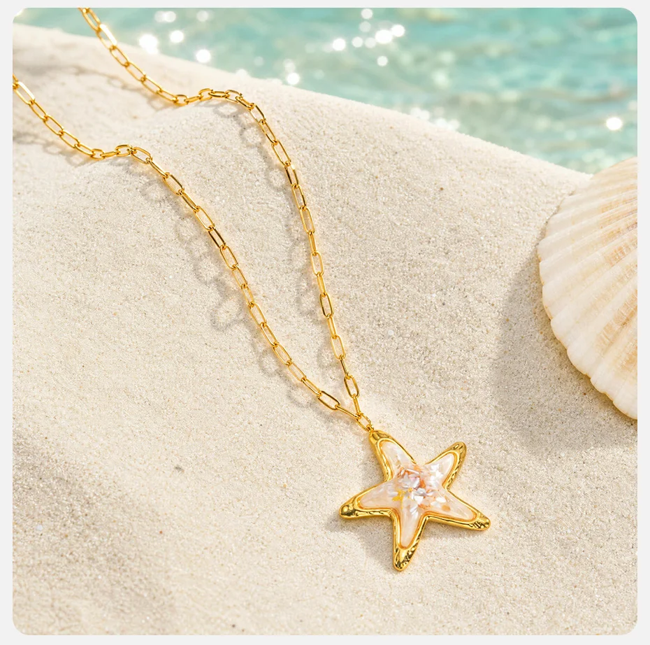 Vnox Bohemia Blau-Rosa Harz-Muschel-Seestern Offenes Armband Halskette Ohrringe Vergoldet Hypoallergen Wasserdichter Strand-Schmuck – Detail 24