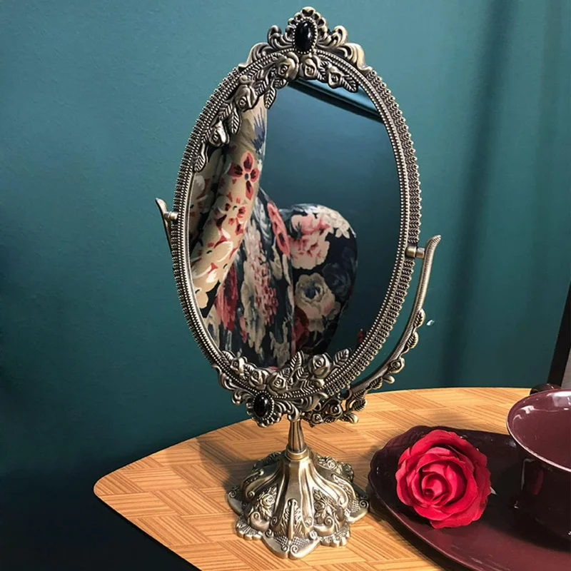 Specchio per trucco bifacciale vintage piccolo in bronzo: specchio da tavolo essenziale in lega di metallo chic di alta qualità con elegante 360 D