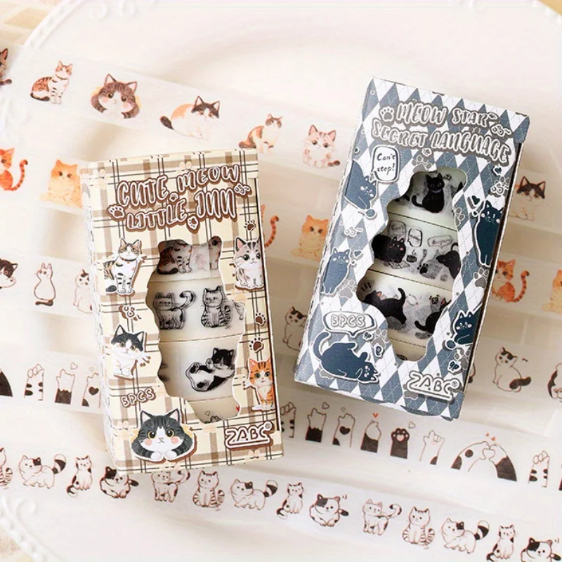 5rolls Cat Washi Tape Stickers Set Washi Masking Tape Decorative Tape for Journal Book Planner Scrapbooking DIY Arts