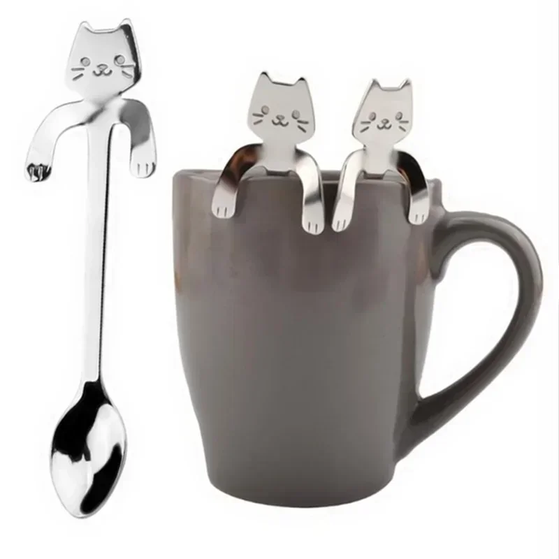 

1pc Cat Shape Teaspoon Stainless Steel Coffee Spoon Lovely Cute Dessert Snack Scoop Ice Cream Mini Spoons Tableware Kitchen Tool