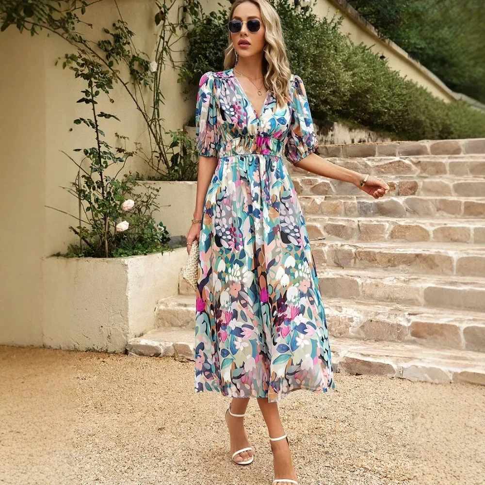 Summer New European American Women Bohemian Printed Maxi Dress V‑Neck Waist‑Tied Elegant Literary Casual Beach Holiday Sundress