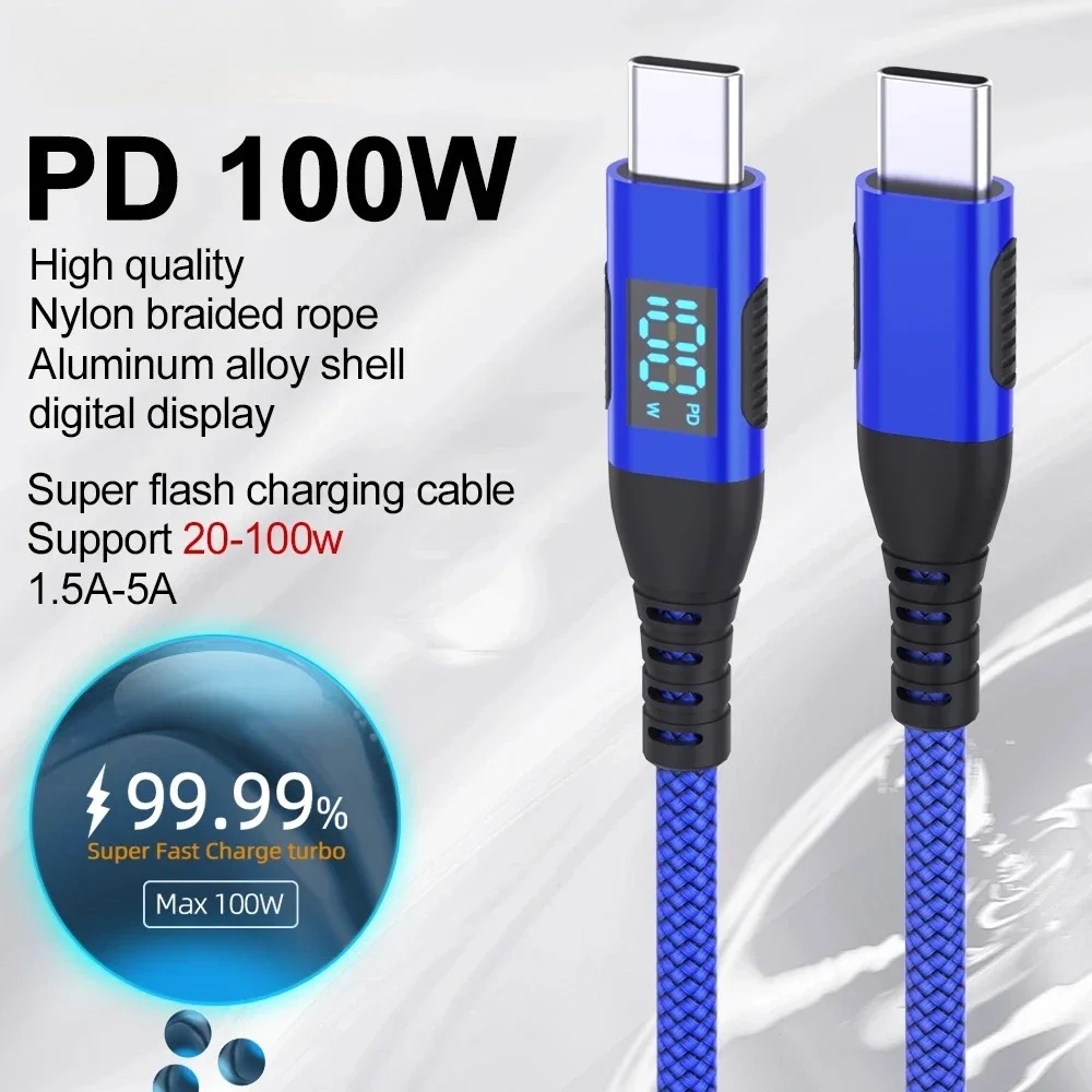 6A 100W PD Fast Charging Type C To C Cable Led Digital Display Charging Cord Data Wire For Huawei Xiaomi Iphone Samsung Laptop