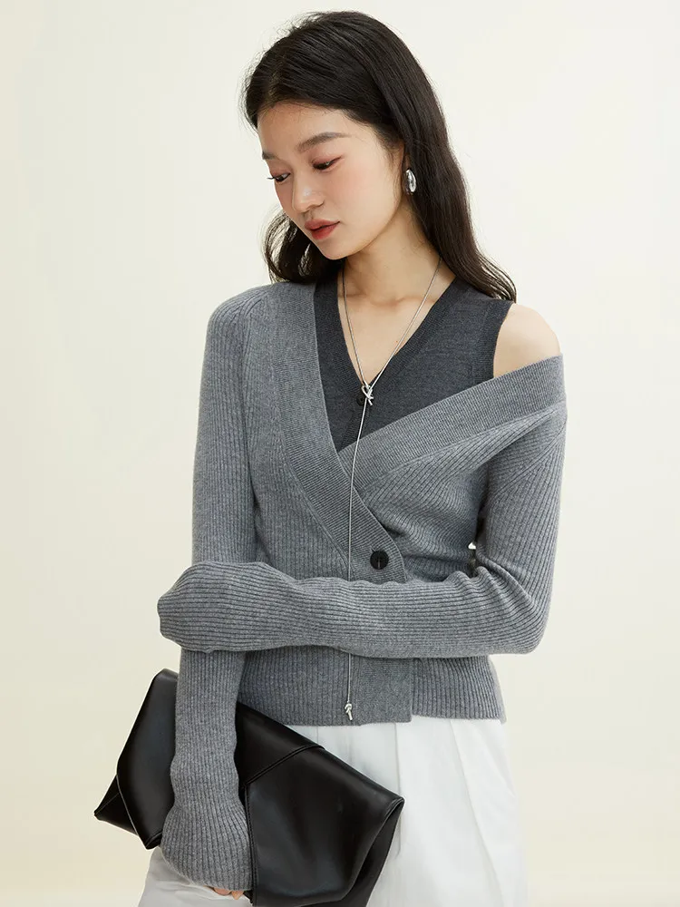 14-Pin Zhongding Ultrafine 100% Wool, Deconstructed Wind Knitted Vest Cardigan Two-piece Casual Commuter Top Women