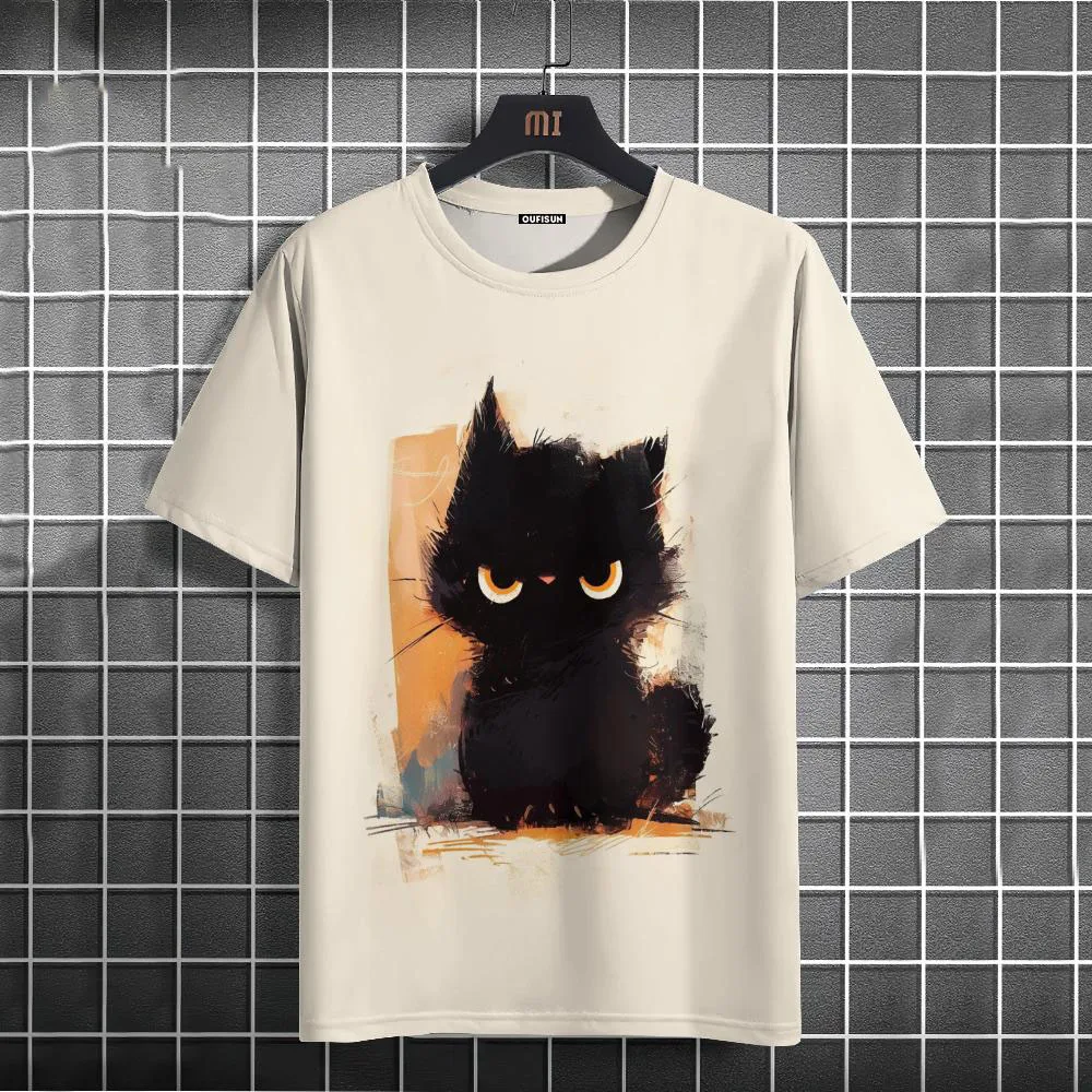 Casual T-Shirt For Men Funny Animal Black Cat Short Sleeve Tee Summer Oversized Streetwear Hip Hop Sweatshirt Men\'s Clothing Top