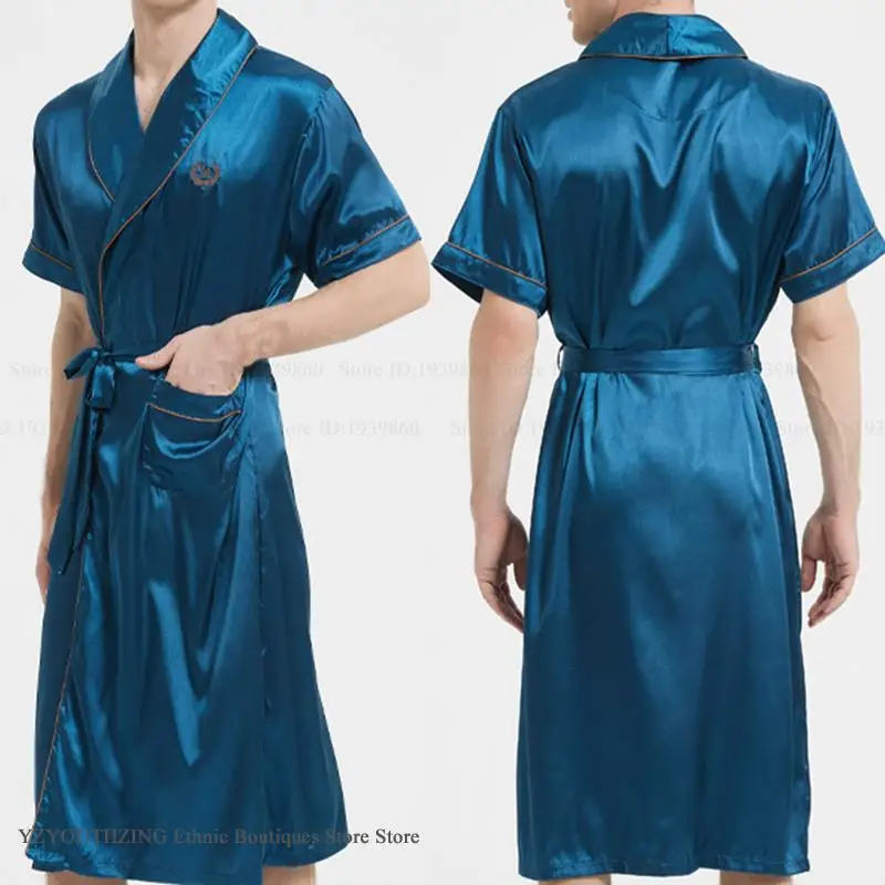 

Plus Size 3XL 4XL Men Robe Loungewear Spring Summer Silk Satin Sleepwear Kimono Gown Bathrobe Loose Casual Home Clothes Negligee