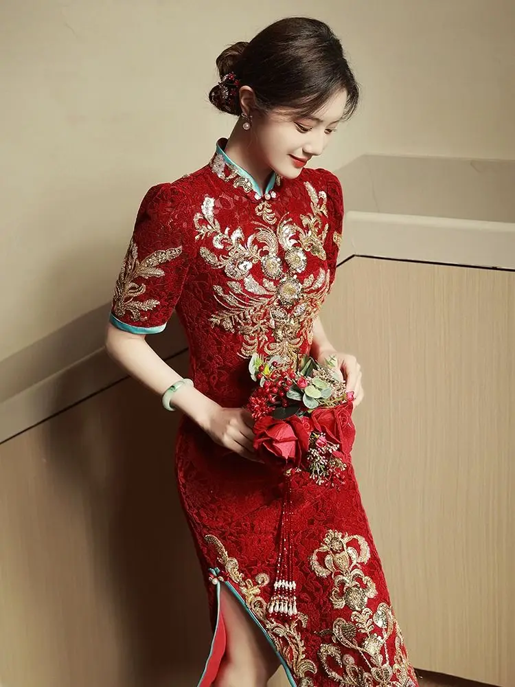 

Yourqipao Chinese Traditional Cheongsam Wedding Toast Clothing Women Engagement Qipao Evening Gown Red Lace Hanfu Prom Skirt