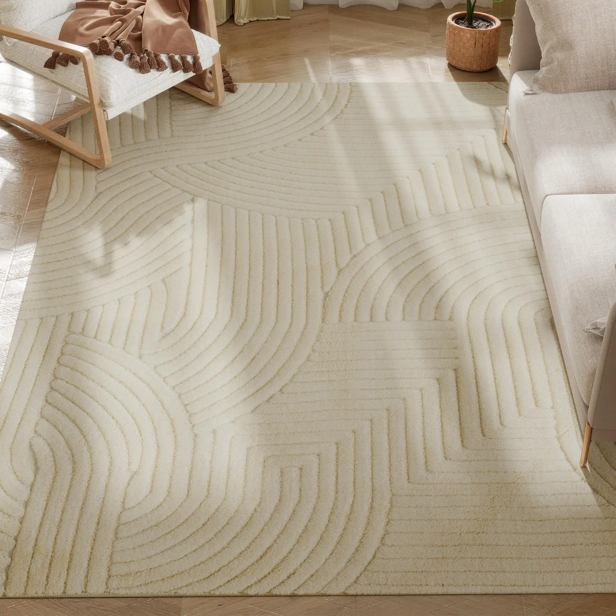 Tapis tissé à la machine 230x160 cm Crème Géométrique Antidérapant Doux Pour salon Chambre bureau