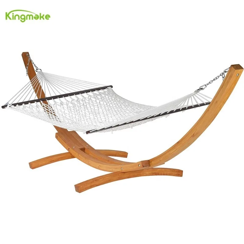 

2026 Kingmake High Quality Hanging Single Teak Wood Base Hammock Portable Camping Hammock Garden Hammock For Outdoor