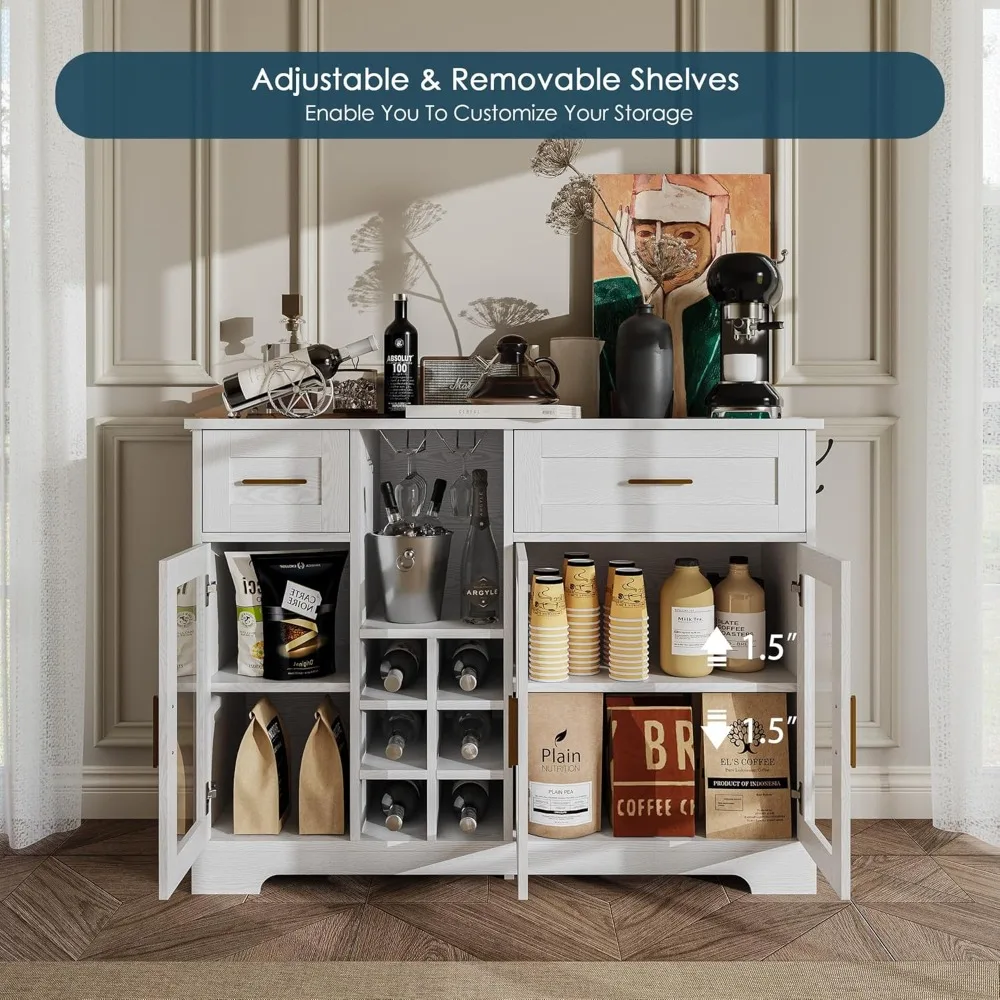 Modern Sideboard Buffet Cabinet with Storage, Wine Bar, Power Outlet, Glass Doors for Kitchen