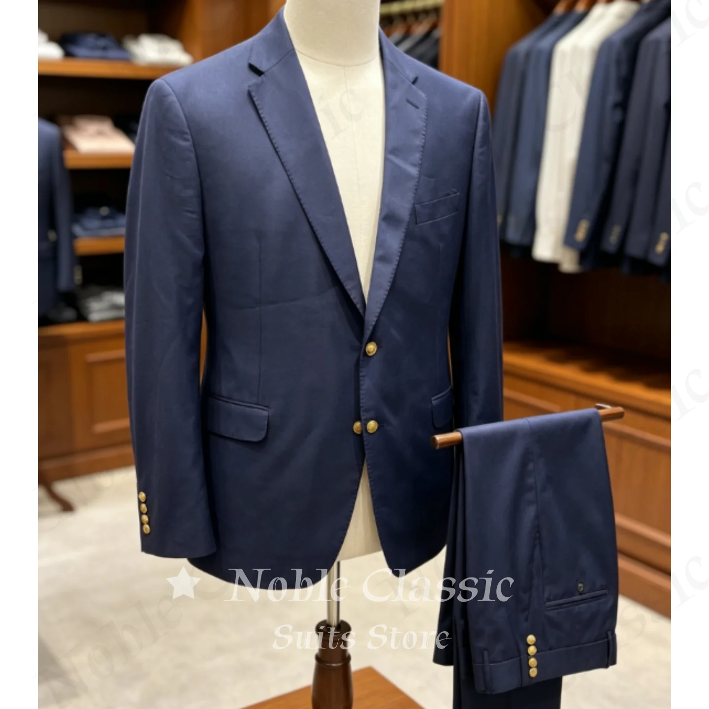 Classic Navy Blue 2 Piece Suit Slim Fit Notch Lapel Two Button Gold Buttons Blazer Pants Wedding Business Office Customized
