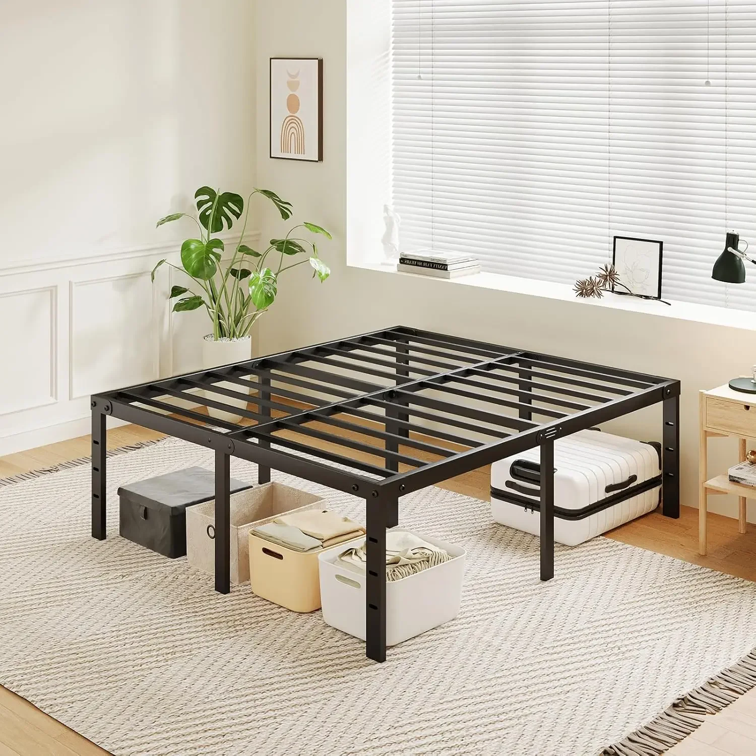 Bed Frame No Box Spring Needed, Heavy Duty Tall Metal Platform with Large Storage Space, Easy Assembly Strong Beari