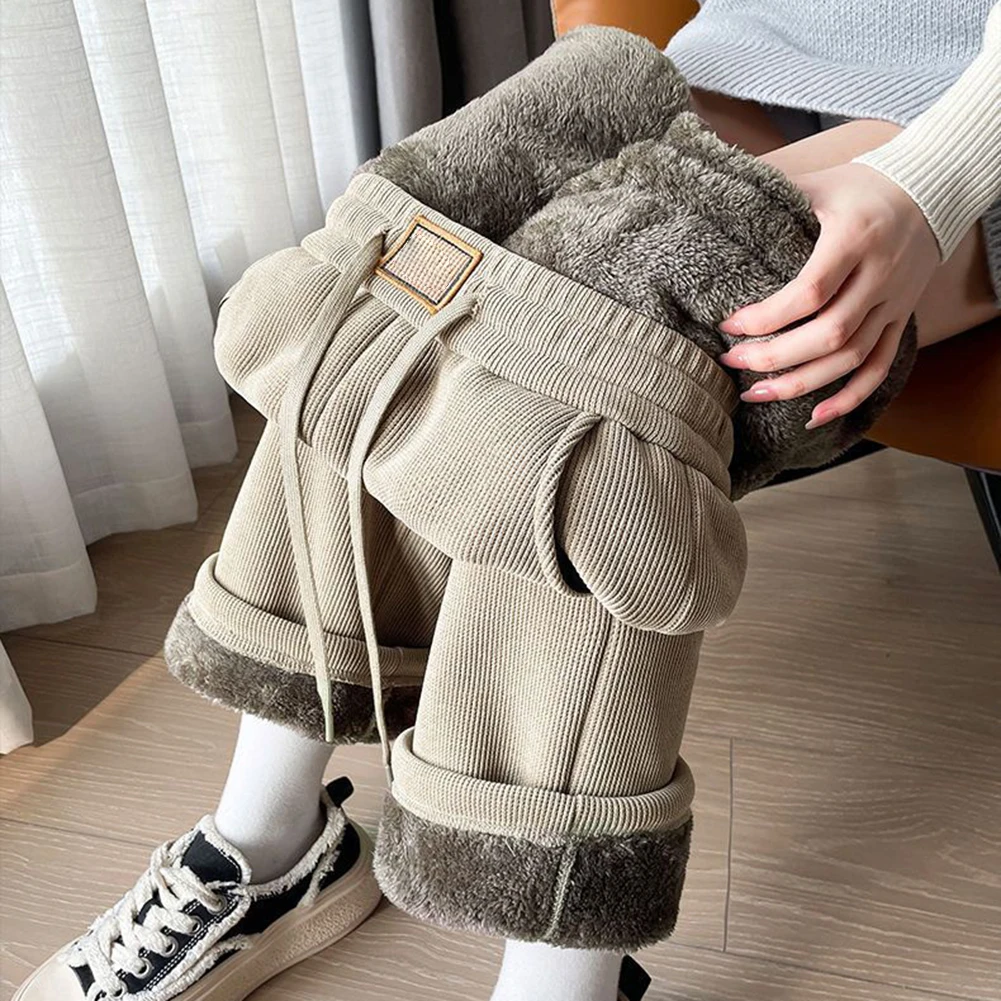 Fleece Lined Corduroy Wide Leg Pants for Women Casual Straight Cut Trousers Suitable for Spring Winter Use Fleece
