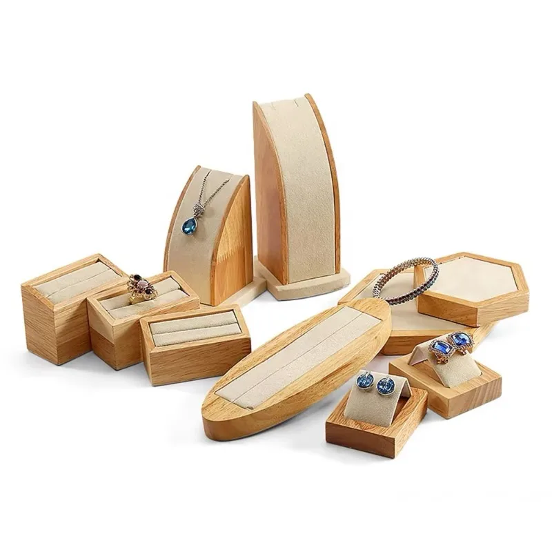 New Arrival Beige Microfiber Jewelry Stand Rack Display Set LED Wholesale for Ring Necklace Shop Props Jewelery Store