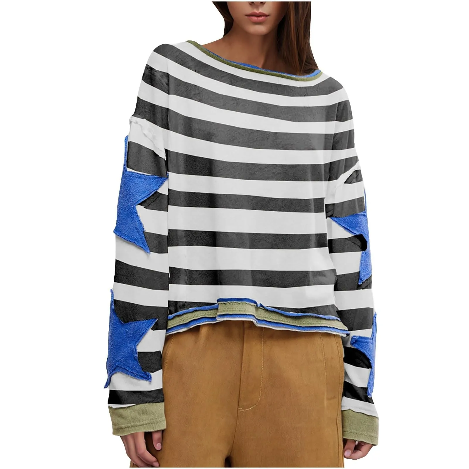 Women Loose Sweatshirt Classic Stripe Graphic Star Decor Long Sleeve Drop Shoulder Round Neck Pullovers Vintage Style Clothes