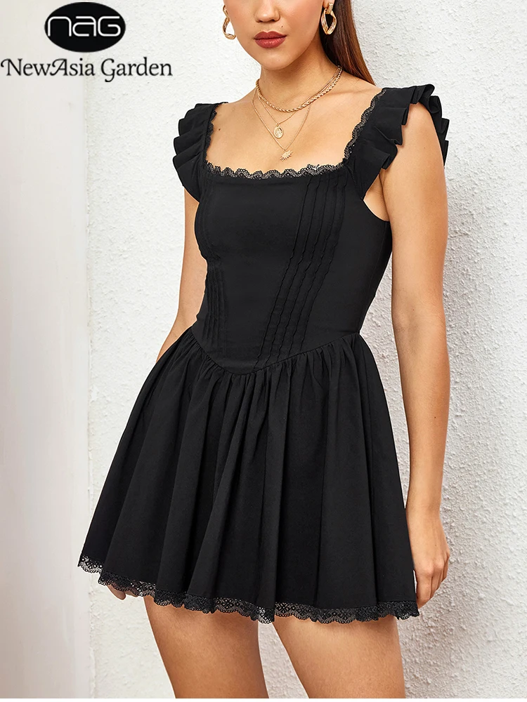 NewAsia Square Neck Backless Lace Mini Corset Dress Back Zipper Ruched Bodycon Fashion Party Short Dresses