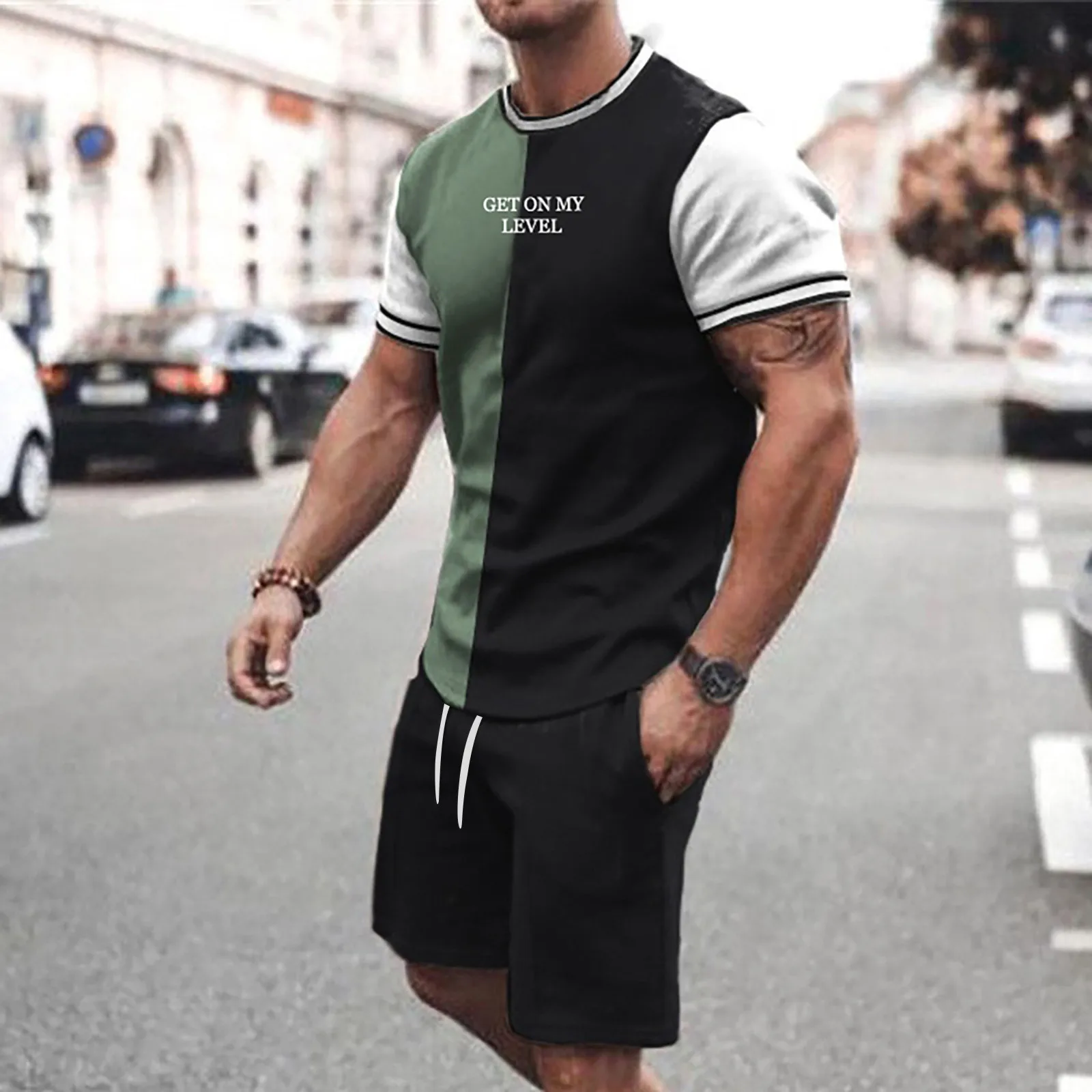 Men's color-matching T-shirt set Short Sleeve T-shirts Football Shorts Beach Tropical Shorts Suit Sports Suit GYM Chemise 