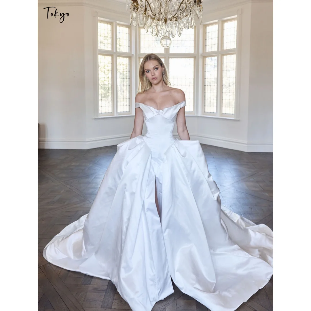Tokyo Custom White Off Shoulder Satin Wedding Dress High Slit Puffy Train Wedding Gown Elegant Bridal Formal Evening Party Gown