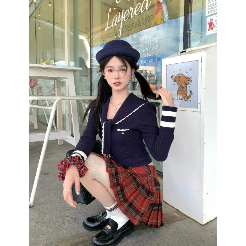 Fashionable Retro College Style Knitted Sweater Women's Navy Collar Contrasting Color Short Casual Top Plaid Short Skirt Set