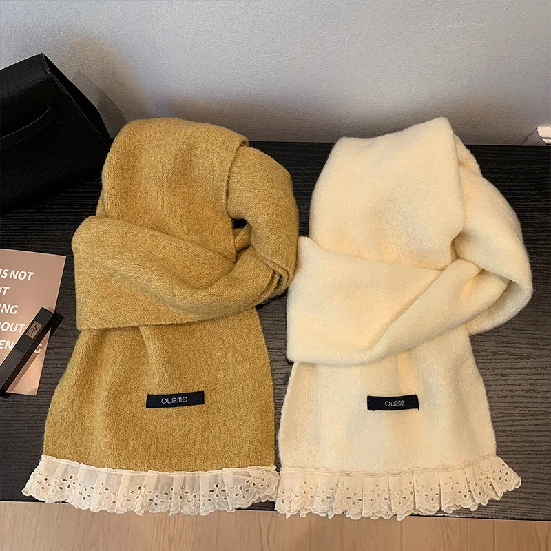 Elegant Lace Trim Scarf for Women Men Winter Warm Princess Style Neck Wrap