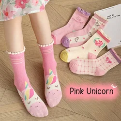 5 Pairs Girls Socks Autumn Winter Cotton Socks Baby Mid Calf Socks Unicorn Cartoon Socks Kids Cute Pattern Socks