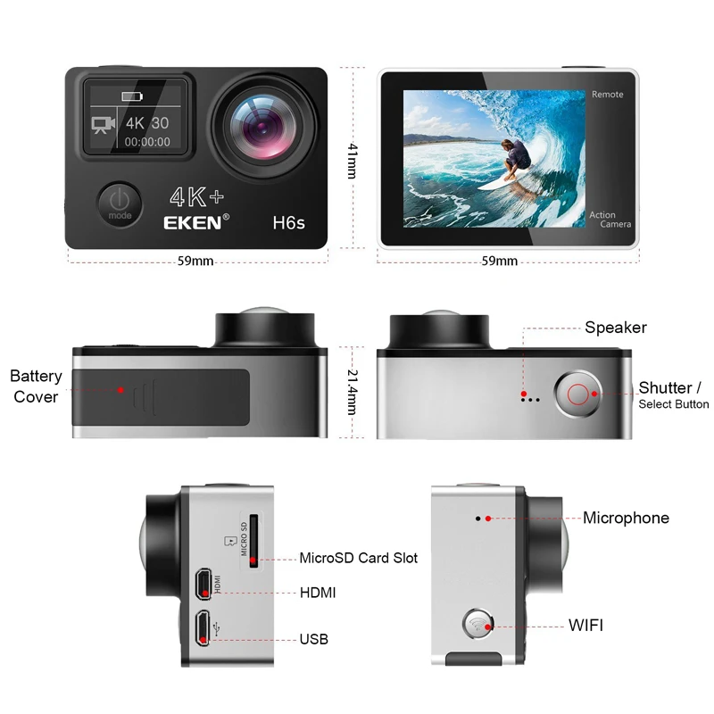 4K/30fps Ambarella A12ชิป EIS 30M กันน้ำ EKEN H6S แอ็กชันกีฬากล้อง4K