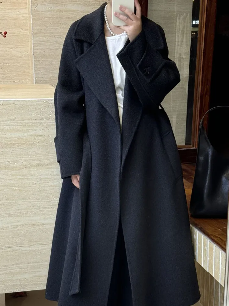 ZMEENNA Cappotto lungo in lana da donna Elegante giacca invernale con risvolto Capispalla chic Cappotto caldo con cintura a figura intera ZM3719