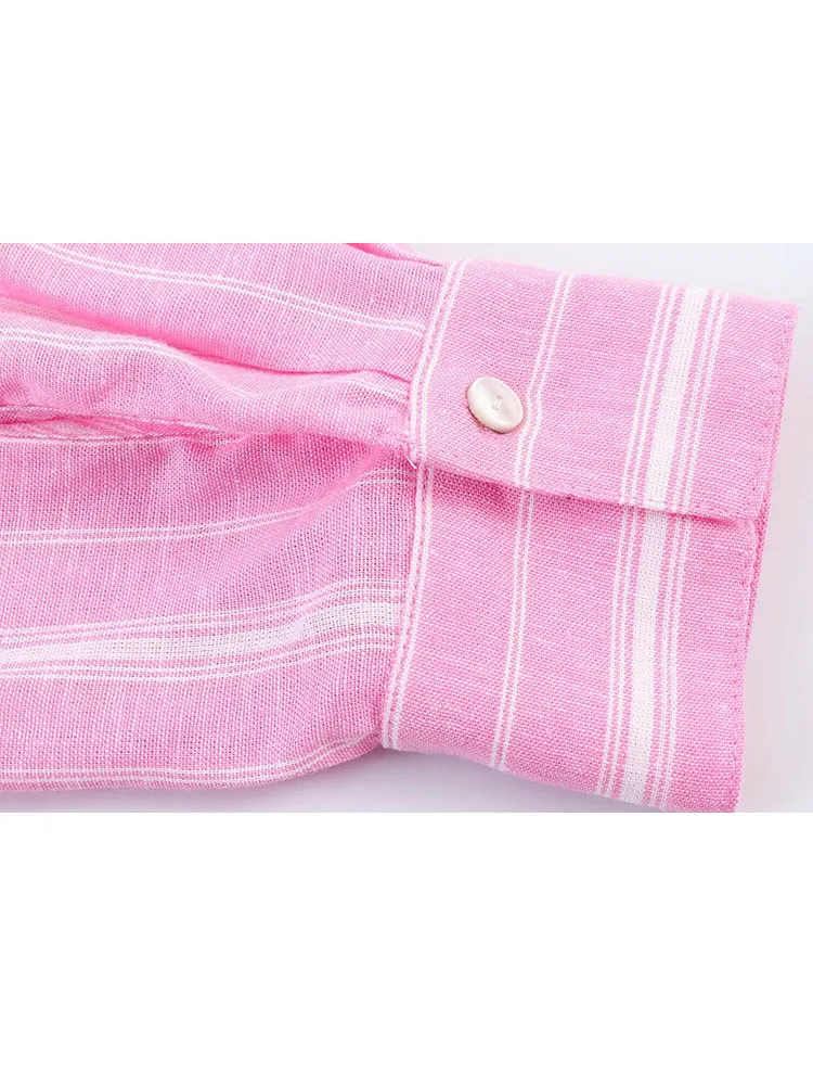 HH 2026 Woman New Fashion Stripes Pink Lapel Single Breasted Long Sleeves Shirt+Zipper Splicing Pleated Long Skirt 2 Piece Set view 6