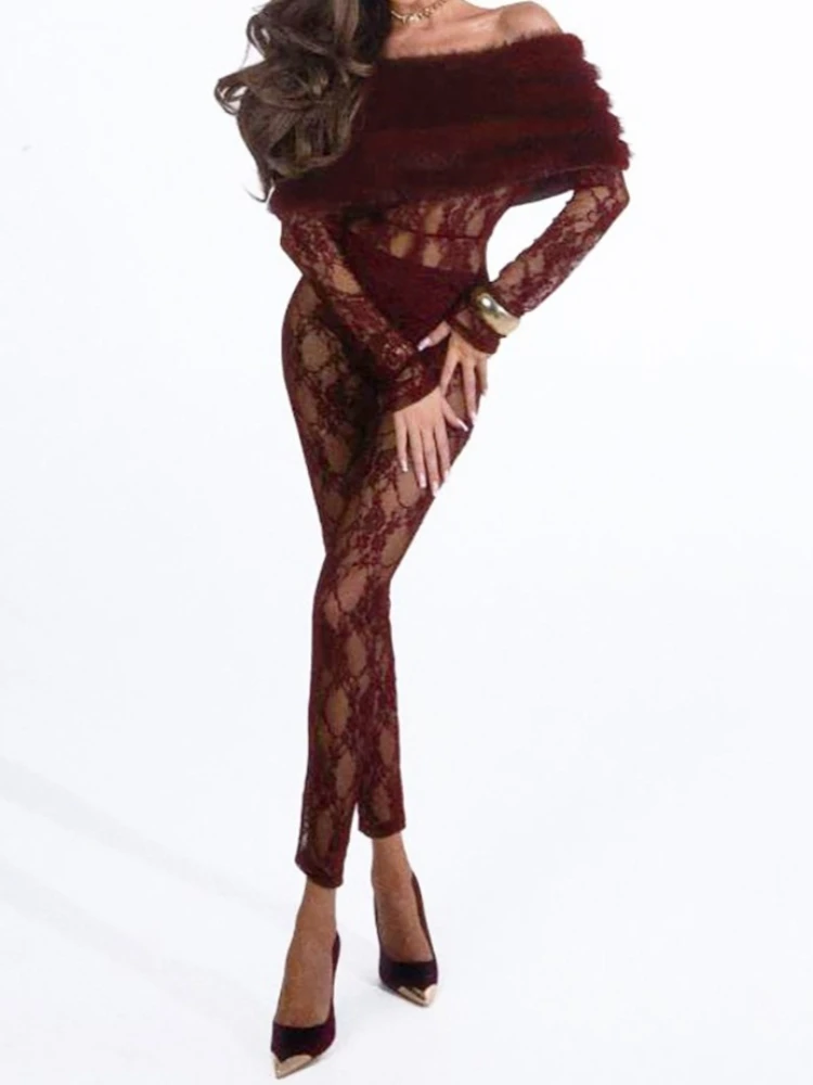 

SsTss Faux Fur Panel Off Shoulder Sexy Jumpsuit for Women Long Sleeve Lace See Through Skinny Club Party One Piece Overalls