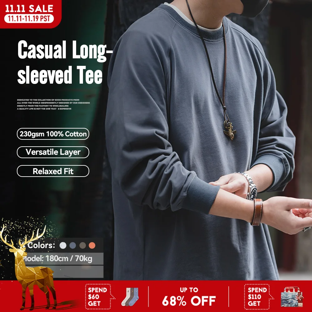 

Maden Solid T-shirts Men's Retro Cotton College Casual Vintage Long-sleeved Tee Candy Color Sports Basic Tops Bottoming Pullover