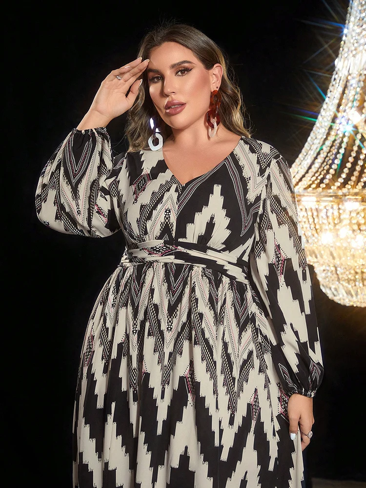 TOLEEN-Womens Herringbone Pattern Printed Long Sleeve Dress, Casual Maxi Dresses, Elegant Party, Spring, Summer, Plus Size, 2024