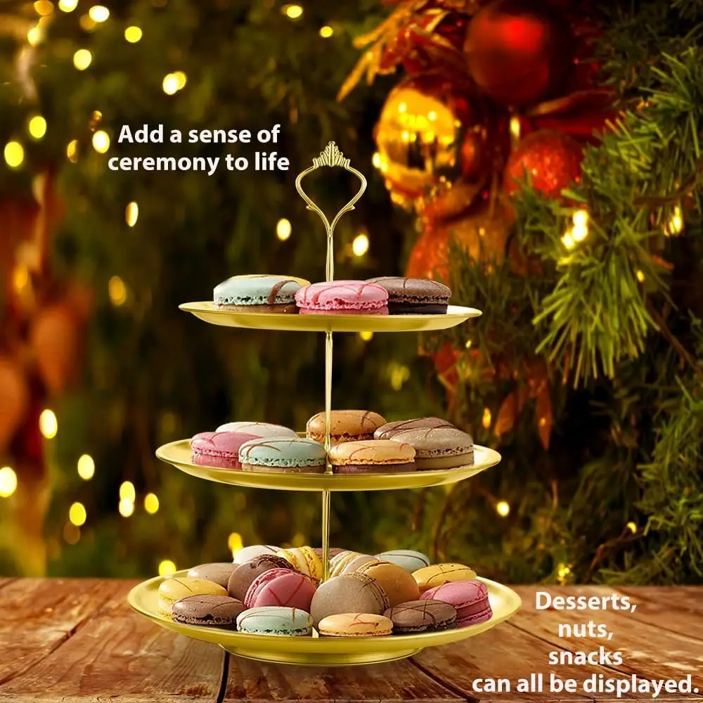 3 Tier Gold Cake Stand 27cm, Christmas Party Dessert Tower for Cupcake Candy Display, Metal Serving Platter