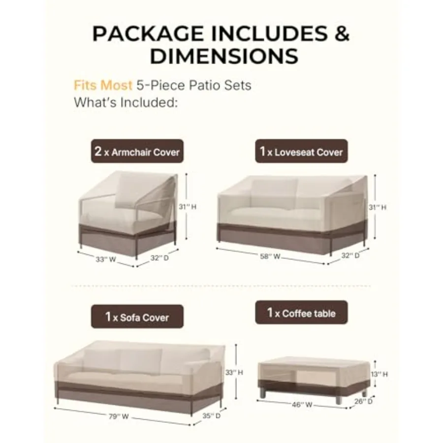 Patio Furniture Cover Set: Outdoor Waterproof 600D Heavy Duty Covers for Lawn Patio Sets, Gray, UV-Resistant Tear-Proof
