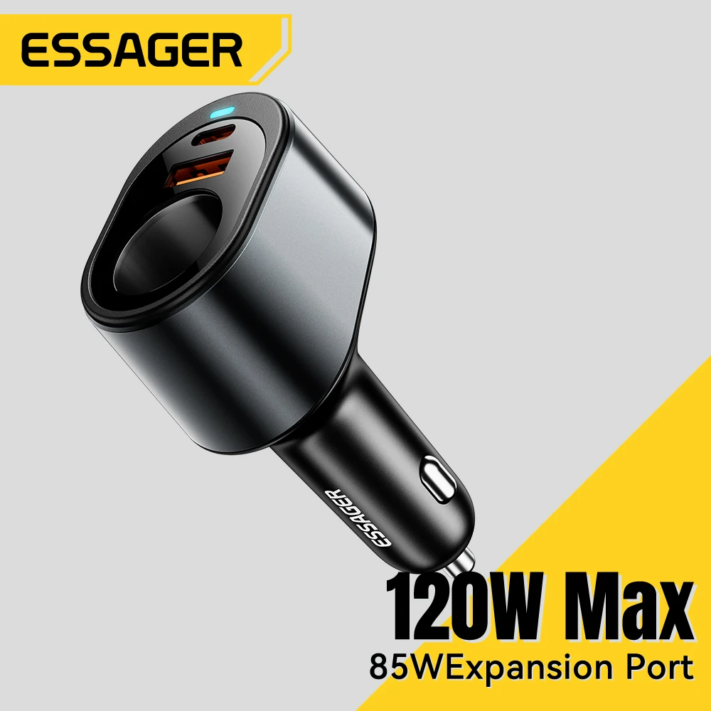 Essager 120W USB C Car Charger with 85W Car Cigarette Lighter Port Fast Car Charger Adapter for iPhone 15 MacBook Xiaomi Laptop