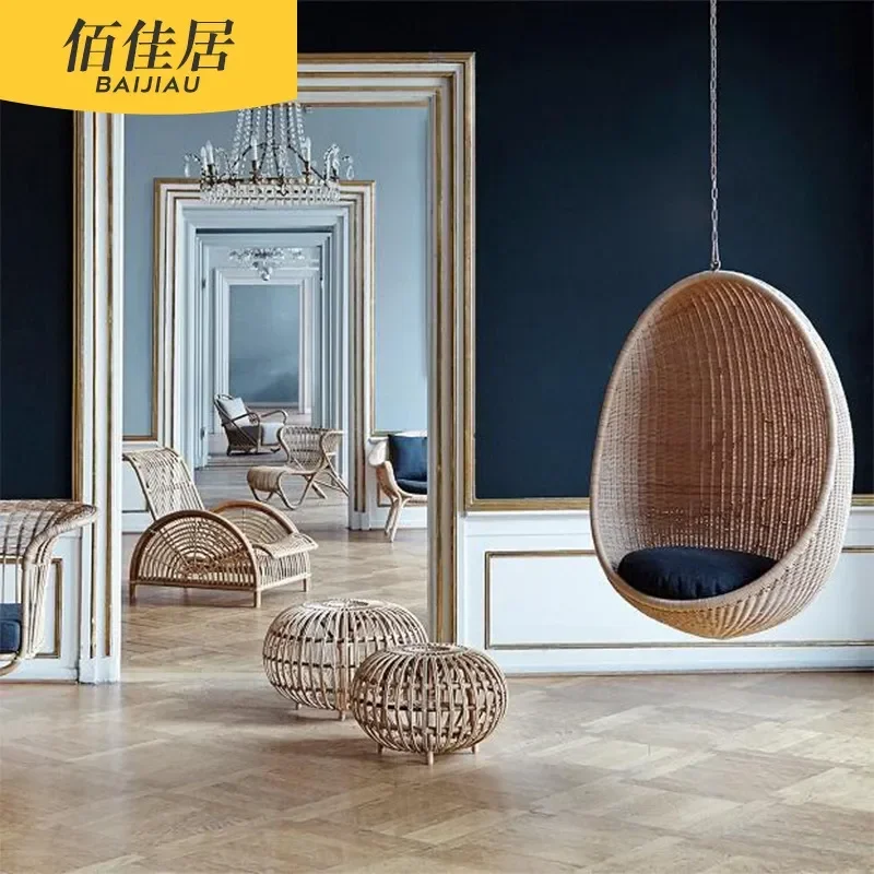 Outdoor Rattan Hanging Chair Swing Single Sofa Leisure Bird Cage Style Garden Courtyard Patio Hammock Seat with Stand