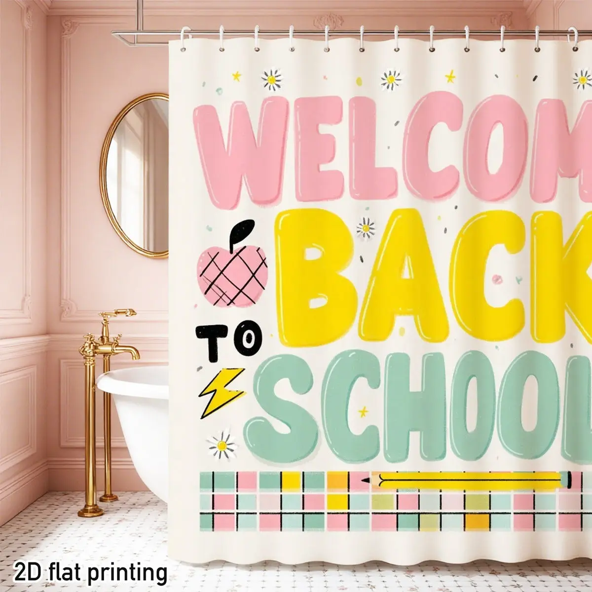 Back to School Shower Curtain – Bold “Welcome to School” Print with Apple & Pencil, Waterproof Polyester,
