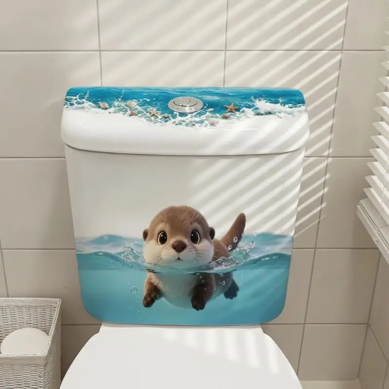 Cute Otter Toilet Tank Sticker Ocean Wave: Vinyl Decal Bathroom Adhesive Wall Art Accessories