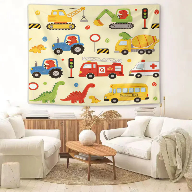 Dino Excavator Digital Print Tapestry Wall Hanging Tapestries Wall Blanket Backdrop Decor Cartoon Playroom Bedroom Party