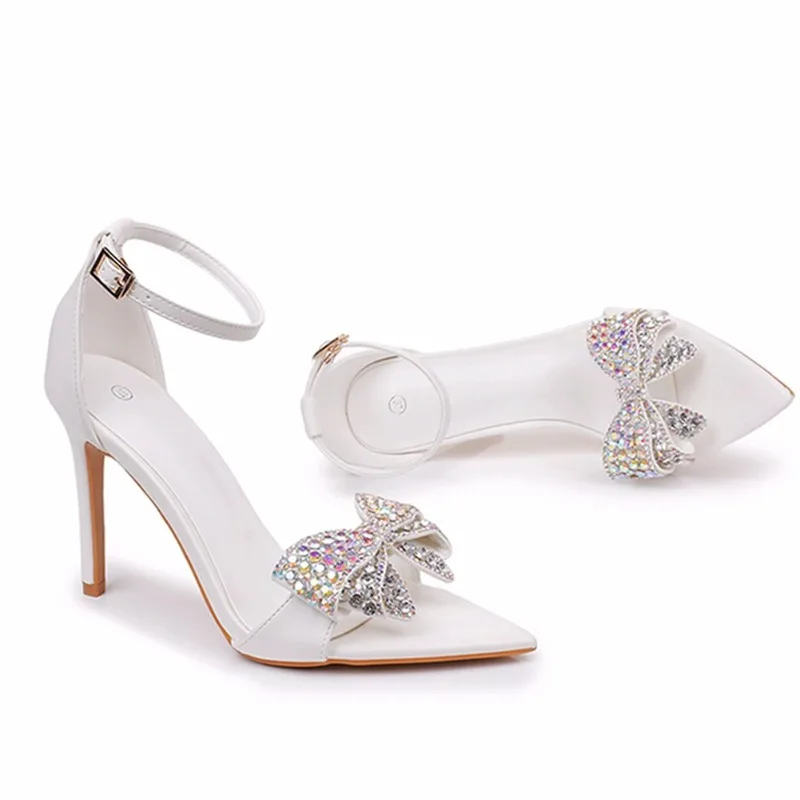 Pointed Open Toes White Glitter Bow Shoes Women's Stiletto High Heels Sandals Ankle Strap Cover Heel Shoe 10.5cm Plus Size 43 44