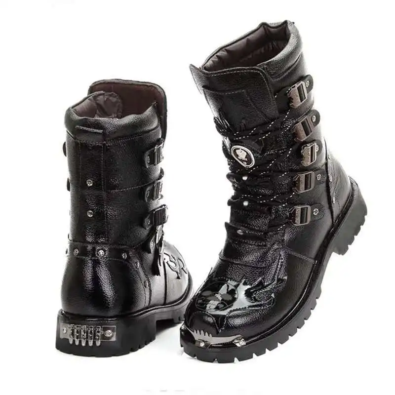 Fashion Mid-Calf Punk Rock Punk PU Leather Black High Top Mens Casual Boot Steel Toe Shoes Men Motorcycle Boots Big Size 38-46