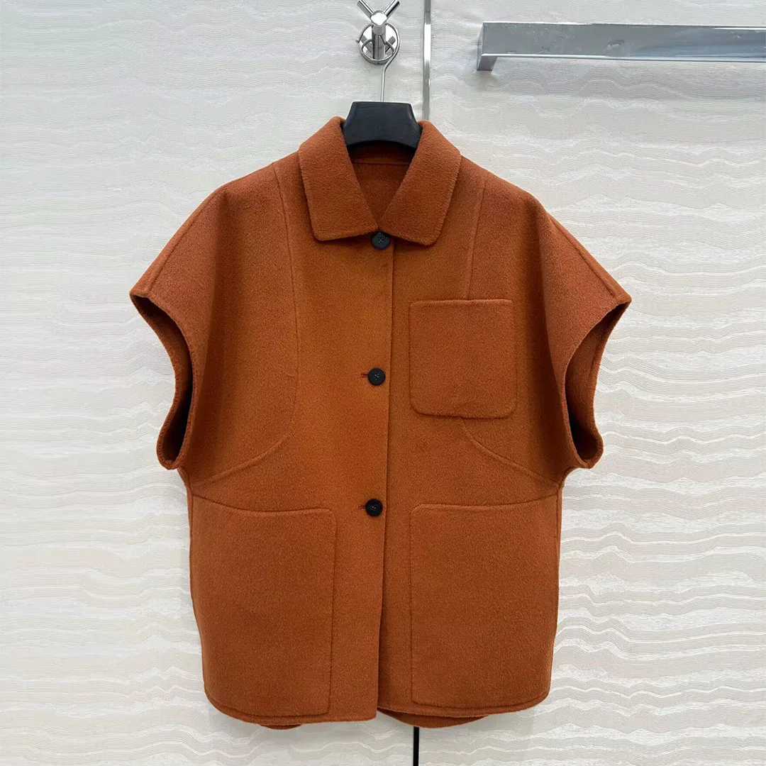 

Высокое качество, новое осеннее двустороннее шерстяное пальто на бретелях, женское пальто без рукавов с лацканами и свободными карманами на пуговицах, однотонный повседневный длинный жилет