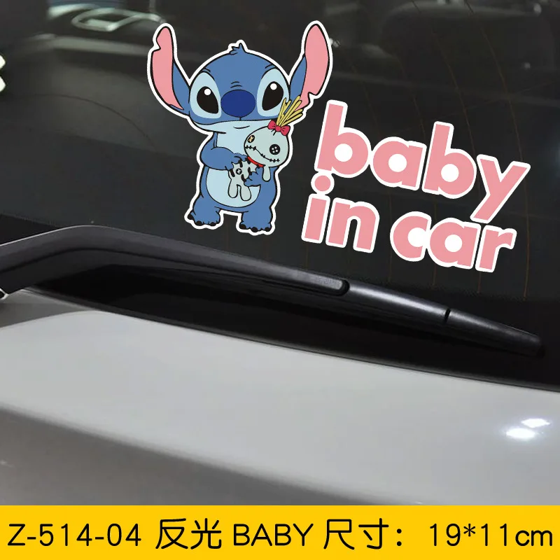 New Disney Stitch Reflective Car Sticker Cartoon Figure BABY in Car Funny Cover Scratches Electric Motorcycle Stickers Fans Gift