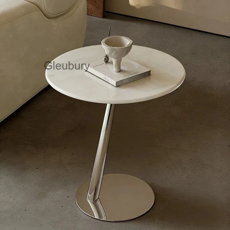 Round Marble Top Side Table with Chrome Pedestal, Modern Minimalist Accent Table, Sleek End Table for Living Room Bedroom