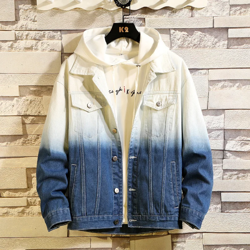 

New Men's Loose Fit Gradient Color Denim Jacket Casual Autumn Winter Outerwear Cotton Button Decorated Cleanfit Style