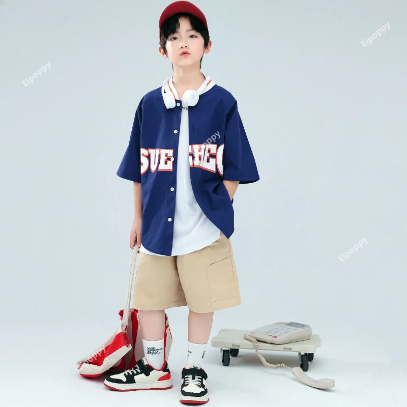 Children Hip Hop Baseball Jacket Coat Loose Pants Girls Jazz Clothes Set Boys Streetwear Cargo Shorts Kids Street Dance Costumes