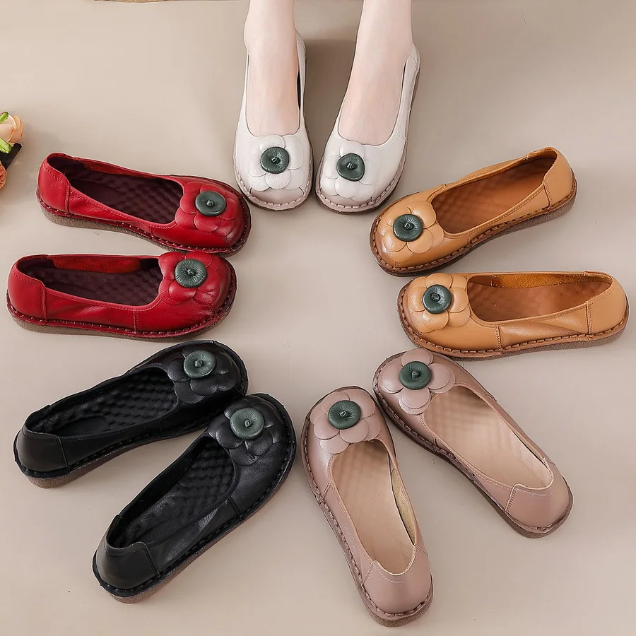 

New natural leather ballet flats women's autumn unique moccasins woman luxury ancient flats soft travel shoes lady flower loafer