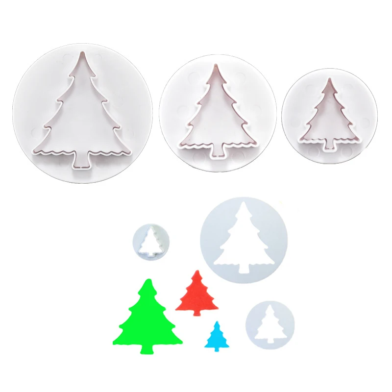 

3pcs DIY Christmas Tree Plastic Baking Mold Kitchen Biscuit Cookie Cutter Pastry Plunger Fondant Cake Decorating Tools