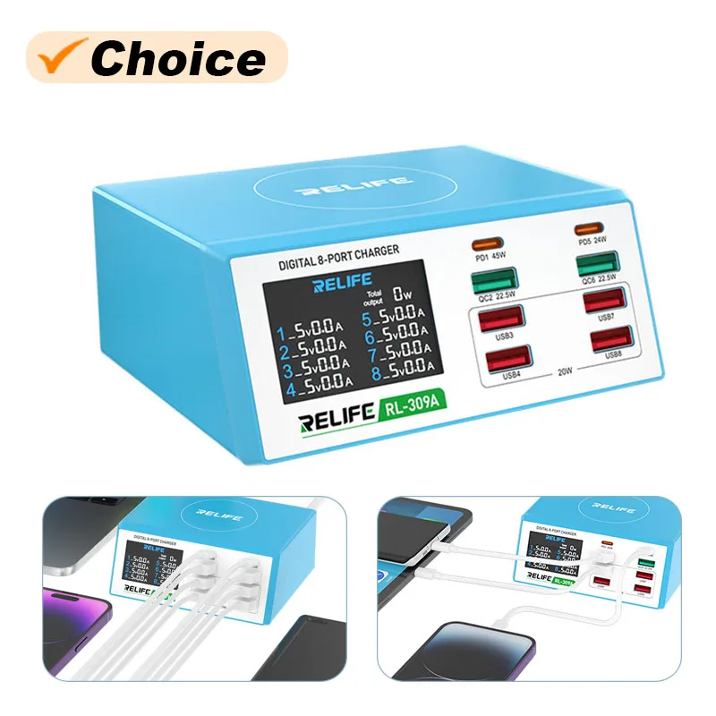 RELIFE RL-309A 8-Port 100W High-power Fast Charging Tool for Mobile Phone Tablet Laptops PD 3.0  QC 3.0 Digital Display Charger