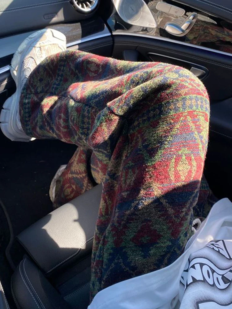 

Dir Knitted Straight Leg Casual Pants Men's Autumn Winter Ethnic Sle Tassel Wide Leg Pants American Retro Loose Fit